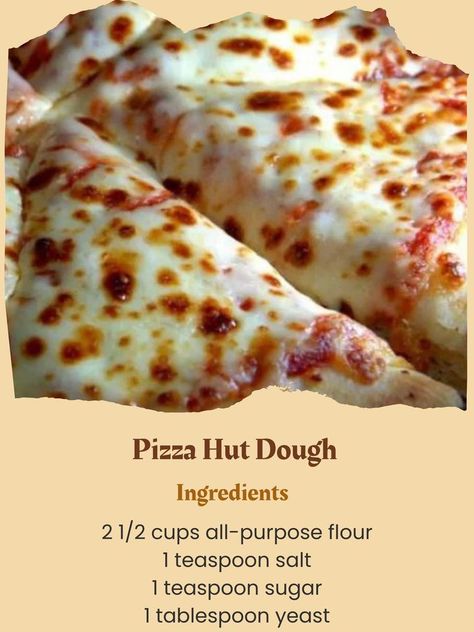 Grandma's tasty recipes - 🍕 Pizza Hut Dough Recipe 🍕 📋 Ingredients: 2 1/2 cups all-purpose flour 1 teaspoon salt 1 teaspoon sugar 1 tablespoon yeast 1 1/3 cups warm water (about 110°F/45°C) 2 tablespoons olive oil 👩‍🍳 Instructions: 1️⃣ In a large mixing bowl, combine flour, salt, and sugar. 2️⃣ Sprinkle the yeast over the warm water and let it sit for about 5 minutes, or until it becomes frothy. 3️⃣ Add the yeast mixture and olive oil to the dry ingredients. 4️⃣ Knead the dough on a lightly floured surface until it becomes smooth and elastic, about 10 minutes. 5️⃣ Place the dough in a greased bowl, cover, and let it rise in a warm place until doubled in size, about 1 hour. 6️⃣ Punch down the dough, then roll out to fit your pizza pan or stone. 7️⃣ Add your favorite toppings and bake i Pan Fried Pizza, Pizza Hut Dough Recipe, Pizza Hut Dough, Berry Crisp Recipe, Detroit Pizza, Copycat Food, Indian Mehendi, Recipes Pizza, Pizza Lunch