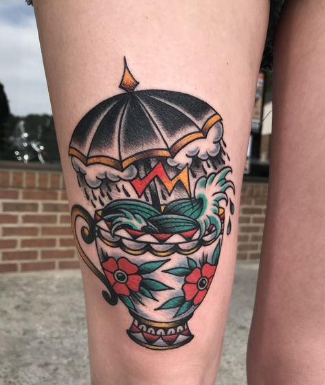 Storm In A Teacup Tattoo Traditional, Storm Teacup Tattoo, Storm In A Teacup Tattoo, Traditional Teacup Tattoo, Flesh Art, Tattoo Sonne, Tea Tattoo, Teacup Tattoo, Umbrella Tattoo