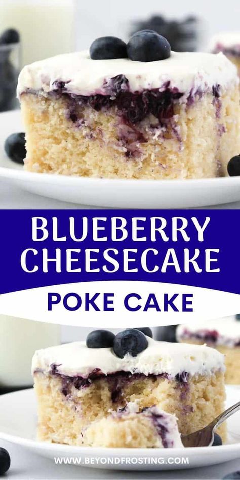 This poke cake recipe will knock your socks off! Soaked in pudding and a fresh blueberry sauce, plus a topping of whipped cream, this easy homemade cake is one of those summer desserts that will disappear in minutes! Cheesecake Poke Cake, Blueberry Pudding Cake, Blueberry Pudding, Cake Mix Ingredients, Blueberry Cake Recipes, Cheesecake Pudding, Blueberry Sauce, Blueberry Desserts, Poke Cake Recipes