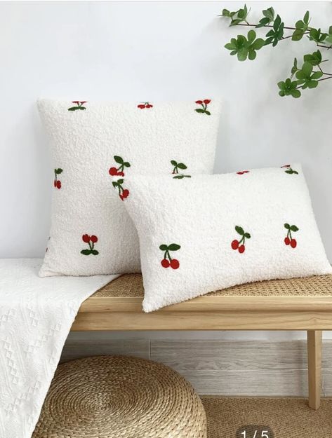 Cherry Embroidery, Girly Christmas Gifts, Cute Cushions, Christmas Cushions, Bedroom Pillows, Embroidered Pillowcases, Embroidered Cushions, Circle Frames, Fruit Design