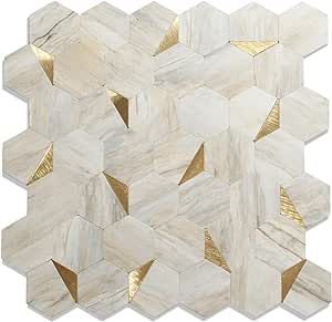 OYASIMI 10-Sheet Hexagon Peel and Stick Backsplash Tile,12.2x11.34 inches Beige Marble Mixed Metal 3D PVC Wall Tiles Stick on Backsplash for Kitchen and Bathroom Gold Glass Tile Backsplash, Wall Tiles For Bathroom, Stick On Backsplash, Backsplash For Kitchen, Stick Tile Backsplash, Peel Stick Backsplash, Peel And Stick Backsplash, Tiles For Bathroom, Smart Tiles