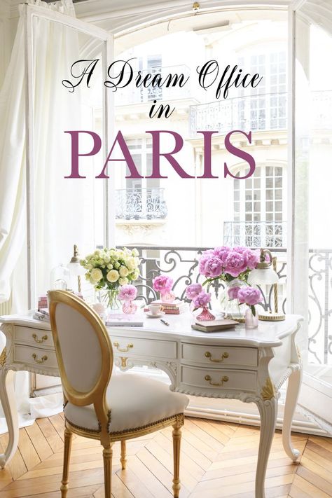 Paris Office Style, French Elegant Decor, French Desk Office, French Inspired Office, French Country Office Ideas, Desk Placement In Office, Parisian Office Decor, Parisian Style Office, French Home Office