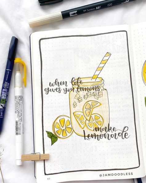 jamie 🥯’s Instagram photo: “When life gives you lemons, make leMoNAde 🍋🤪 here’s a quick quote page! - - - - #journal #bulletjournal #bulletjournals #bulletjournalss…” Summer Bullet Journal, Bullet Journal Spread Ideas, 2024 Bujo, Journal Spread Ideas, Quote Page, Bullet Journal Month, Summer Journal, Bullet Journal Page, Summer Planner