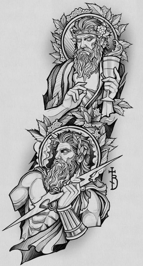 Realism Greek Mythology Tattoo, Greek God Tattoo Sleeve, Greek Gods Tattoo Design, Greek Mythology Tattoos Sleeve, Half Sleeve Tattoos Sketches, Greek God Tattoo, Atlas Tattoo, Zeus Tattoo, Minimalist Tattoo Ideas