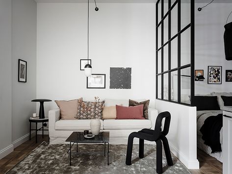 T.D.C: Homes to Inspire | Small but Striking Divided Living Room, Partition Wall Ideas, Scandinavian Studio Apartment, Scandinavian Studio, Scandinavian Loft, Loft Apartments, Glass Partition Wall, Coco Lapine Design, Deco Studio