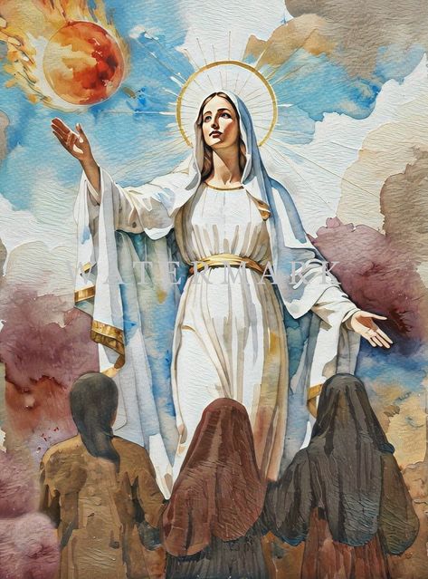 Our Lady Of The Gate Of Dawn, Our Lady Of Fatima Art, Catholic Art Paintings, Our Lady Of Fatima Image, Mary And Jesus Art, Virgin Mary Watercolor, Jesus Watercolor Painting, Saint Painting, Mary Painting