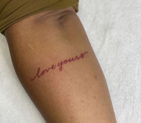 Red Cursive Tattoos For Women, Love Yourz Tatoos, Tainted Love Tattoo, Love Yours In Cursive Tattoo, Love Yours Tattoo Red Ink, Love Yourz J Cole Tattoo Behind Ear, Love Yourz Tattoo Red Ink, Love Yourz Tattoo Ideas, Love Yourz Tats