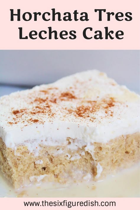 This Mexican horchata Tres Leches cake will quickly turn into your favorite dessert. This moist cake is made with homemade horchata and whipped cream then topped with cinnamon for a cake the whole family will love. #mexican #recipes #desserts Horchata Cake Recipe, Horchata Cake, Tres Leches Cake Recipe Authentic, Tres Leches Recipe, Mexican Horchata, Mexican Cake, Tres Leches Cake Recipe, Leches Cake, Mexican Snacks