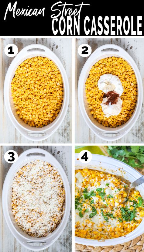 Process photos for how to make Mexican Street Corn Casserole- 1. Pour corn into casserole dish. 2. Add Mayo, sour cream, and spices. 3. Mix and top with Cheese. 4. Bake then garnish with cheese and cilantro.