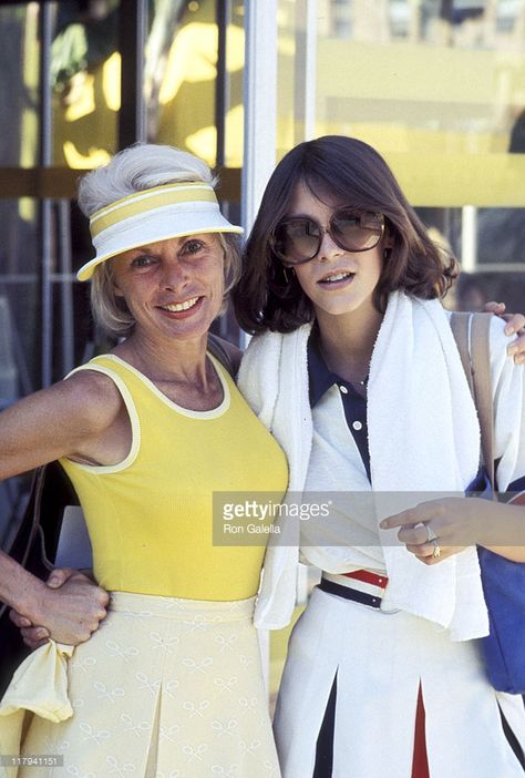 Janet Leigh and Jamie Lee Curtis during LA Tennis Tournament in Los Angeles, California, United States. Dance 2023, Tennis Outfits, Janet Leigh, Playing Tennis, Roll Neck Top, Lee Curtis, White Midi Skirt, Vintage Tennis, Jamie Lee Curtis