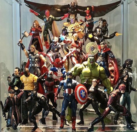 Marvel Figures Display, Action Figure Display Ideas, Marvel Collection Display, Marvel Toys Collection, Action Figure Display Case, Marvel Legends Display, Harry Potter Action Figures, Lotus Flower Logo, Boys Game Room