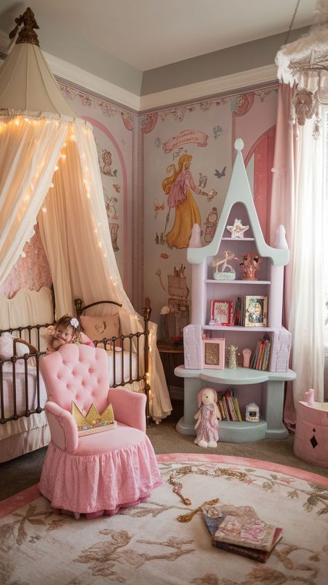 Add a hint of glamour to your baby girl’s nursery with these 14 girly nursery ideas. Think shimmering accents, velvet finishes, and elegant lighting that turn a simple room into a luxurious haven for your little one. Disney Baby Girl Nursery, Nursery Themes For Girls, Old Disney Aesthetic, Girly Nursery Ideas, Aesthetic Nursery, Disney Princess Bedroom, Disney Princess Nursery, Magical Nursery, Girly Nursery