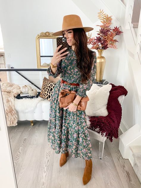 Midi Dress In Fall, Winter Dresses For Women With Boots, Long Floral Dress With Boots, Midi Dress Outfit With Boots, Shoes With Midi Dress Fall, Midi Dress With Booties Fall, Long Fall Dresses With Boots, Fall Maxi Dress With Boots, Fall Dresses With Boots Ankle Booties