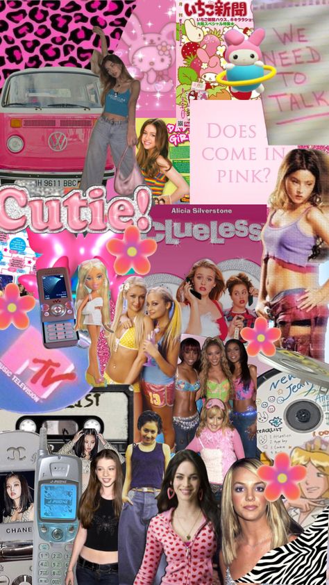 Y2k Pop Culture Aesthetic, 2000 Pink Aesthetic Wallpaper, Pink 2000s Poster, 2000s Aesthetic Collage, Tropical 2000s Aesthetic Wallpaper, Alicia Silverstone Clueless, One Aesthetic, 2000s Theme, 13 Going On 30