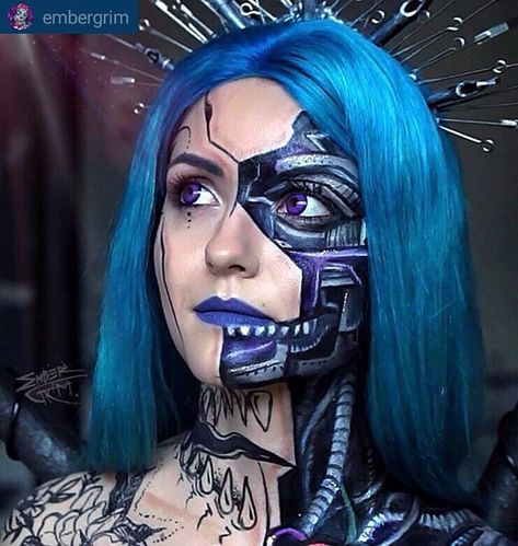 #makeupoftheday  Makeup Body Painting Art By  @embergrim  Please check out her profile and show some love  Thank you    Tag your friend who'll love this!   Our 2020 Monthly & Weekly Planners Collection is here!  Link in our bio.  @halloweencolor   Follow @halloweencolor for Daily Creative MUA Ideas. Tag us @halloweencolor & #halloweencolor to get featured!   #sfxmakeup #makeupartist #makeuppaint #makeup #sfxmua #makeuptutorial #muaaddict #cosplaymakeup #makeupinspo #makeupparty #makeupideas #mak Sci Fi Makeup, Robot Makeup, Contact Lenses For Brown Eyes, Color Contacts For Halloween, Creepy Halloween Makeup, Soft Contact Lenses, Halloween Contact Lenses, Cosplay Contacts, Soft Lens