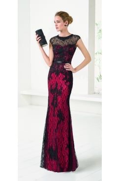 Marfil full length dress with red underlay and black lace overlay. Product code: 1J296 Supernatural Wedding, Black Lace Gown, Long Gowns, Mother Of The Bride Outfit, Mob Dresses, Full Length Dress, Denim Style, Bride Dresses, Gorgeous Gowns