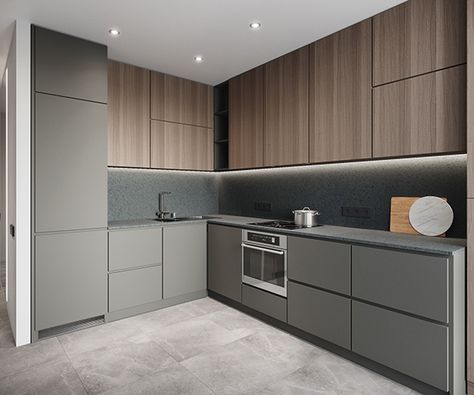 Greige And Wood Kitchen, Grey And Wood Kitchen Modern, Grey And Beige Kitchen, Modern Kitchen Colours, Greige Kitchen, Glossy Kitchen, Modern Grey Kitchen, Minimal Kitchen Design, Light Grey Kitchens