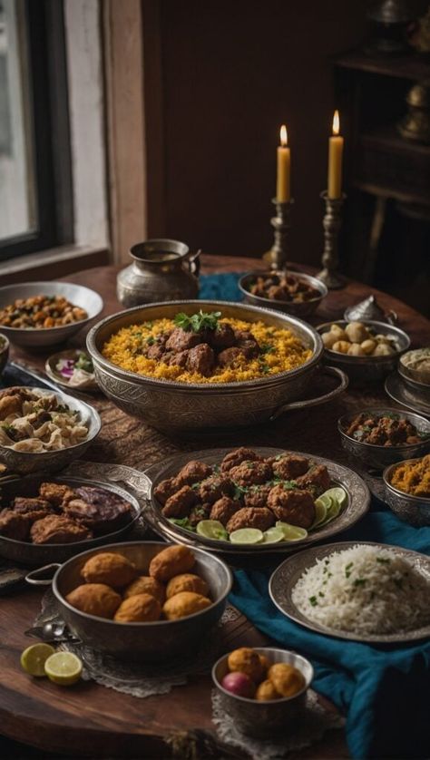 A traditional feast with various dishes including rice, curries, and breads, served in metal bowls on a wooden table for Eid al-Adha, illuminated by candlelight. Eid Dishes, Muslim Food, Metal Bowls, Eid Celebration, Eid Food, Fusion Dishes, Lamb Dishes, Eid Ul Fitr, Lentil Stew