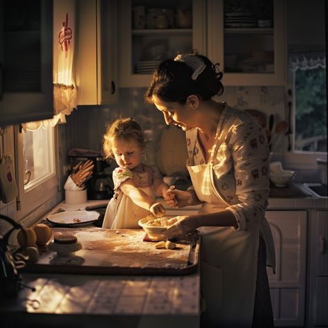 Family Baking Time: A mother and her young child enjoy a warm, intimate moment of baking together in the #homecooking. #baking #family #kitchen #parenting #childhood #aiart #aiphoto #stockcake ⬇️ Download and 📝 Prompt 👉 https://stockcake.com/i/family-baking-time_511565_278831 Family Cooking Together, Baking Together, Family Baking, Sunset Girl, Baking Fun, Time Images, Vintage Hot Air Balloon, Family Cooking, Family Kitchen