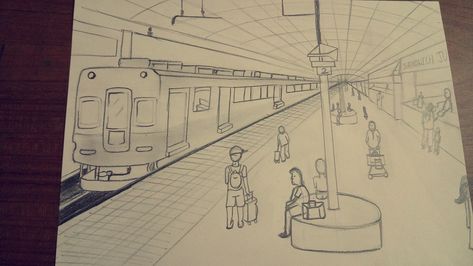 Perspective drawing of railway station Railway Station In One Point Perspective, Railway Station Memory Drawing, Railway Station Drawing In Perspective, Railway Station Drawing Sketch, Railway Station Drawing, One Perspective Drawing, Station Drawing, Train Sketch, Types Of Perspective