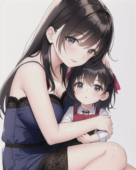 Mother Daughter Anime, Anime Mother And Daughter, Anime Mother, Mother And Child Drawing, Black Hair Green Eyes, Anime Pregnant, Anime Hug, Pregnancy Art, Anime Black Hair