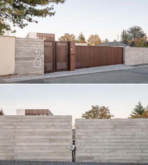 Board Formed Concrete, Front Wall Design, Hidden Lighting, Modern Gate, Exterior Wall Tiles, House Fence Design, Modern Fence Design, Backyard Views, Concrete Fence