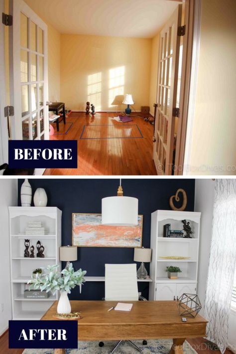 Home Office Makeover on a Budget - Stunning Before and after $500 Office Makeover @toolboxdivas #Budgetdecor #Farmhouse Home office Makeover. DIY projects, budget decor @toolboxdivas. See the before and after. Dark blue accent wall. Chandelier, DIY Modern farmhouse X leg desk, diy abstract wall art, simple interior design #Homeoffice Dark Blue Accent Wall, Office Makeover On A Budget, Diy Abstract Wall Art, Office Makeover Diy, Apartment Furnishing, Farmhouse Home Office, Diy Modern Farmhouse, Blue Accent Wall, Home Office Design On A Budget