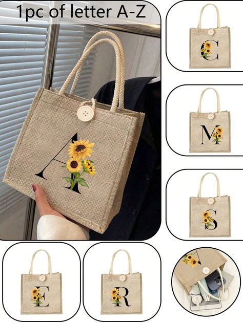 1 pièce Sac fourre-tout de plage personnalisé avec lettre de l'alphabet A-Z et tournesol, sac de rangement occasionnel portable, sac à bandoulière de mode en toile de jute avec fleur, sac à main léger pour les voyages, cadeaux pour les demoiselles d'honneur, les mariées, les sorties entre filles, grand sac fourre-tout Kaki Casual,Mignon   Polyester Animal,Blocs de couleur,Lettres,Tropical,Plantes,Motif texturé Sac carré   Women Bags, size features are:Bust: ,Length: ,Sleeve Length: Girls Trip Gifts, Plaid Backpack, Burlap Flower, Elegant Monogram, Burlap Flowers, Tote Storage, L Alphabet, Graphic Tote, Monogram Prints