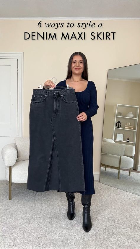 Denim Skirt Winter, Jean Skirt Outfits Fall, Maxi Denim Skirt Outfit, Denim Skirt Outfit Winter, Black Midi Skirt Outfit, Maxi Skirt Fashion, Winter Maxi Skirt Outfit, Midi Skirt Outfit Winter, Denim Midi Skirt Outfit