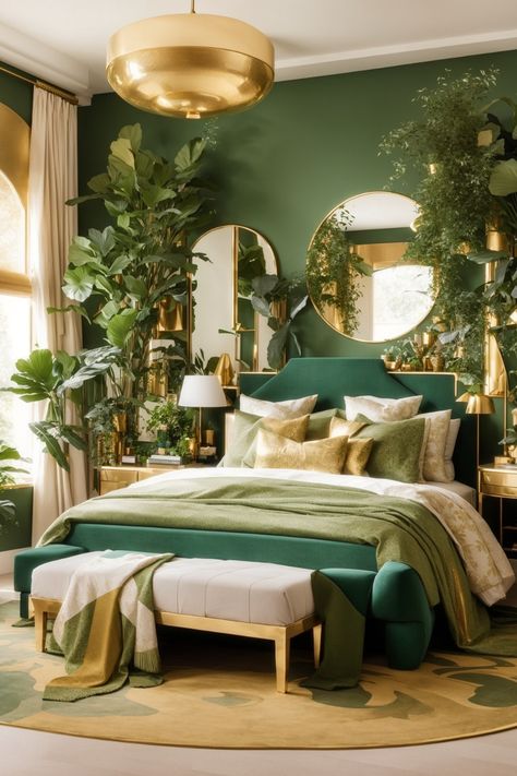 Step into this resplendent oasis with lush green hues and opulent gold accents. This bedroom exudes sophistication and serenity through its sumptuous velvet headboard and regal gold-finished furniture. The abundance of verdant foliage and chic circular mirror transport you into a refreshing sanctuary. Plush textiles in complementary green tones adorn the bed, while a stylish pendant light and contemporary rug complete the look. Green Bedroom Design, Modern Bedroom Lighting, Simple Bed Designs, Green Bedroom Decor, Penthouse Living, Art Deco Bedroom, Interior Design Per La Casa, Deco Bedroom, Bed Design Modern