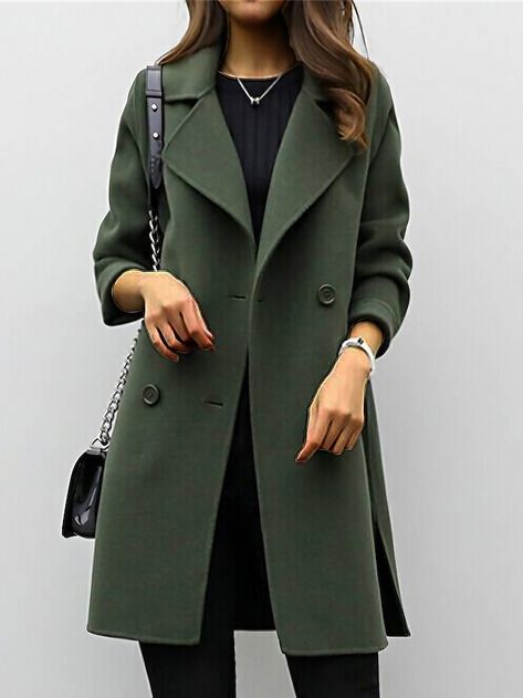 Winter Outerwear With Lapel Collar In Solid Color, Khaki Long Sleeve Pea Coat For Winter, Winter Solid Color Pea Coat With Lapel Collar, Collared Green Outerwear For Fall, Green Collared Outerwear For Fall, Green Collared Fall Outerwear, Casual Wool Coat For Office In Winter, Winter Solid Color Double-breasted Outerwear, Winter Office Pea Coat In Solid Color