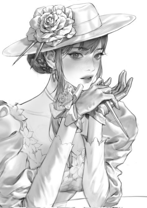 Elbows On Table, Bangs Braid, Corsage Dress, Hands Holding Flowers, Parted Lips, Dress Earrings, Hat Flower, Anime Hands, Hand Drawing Reference