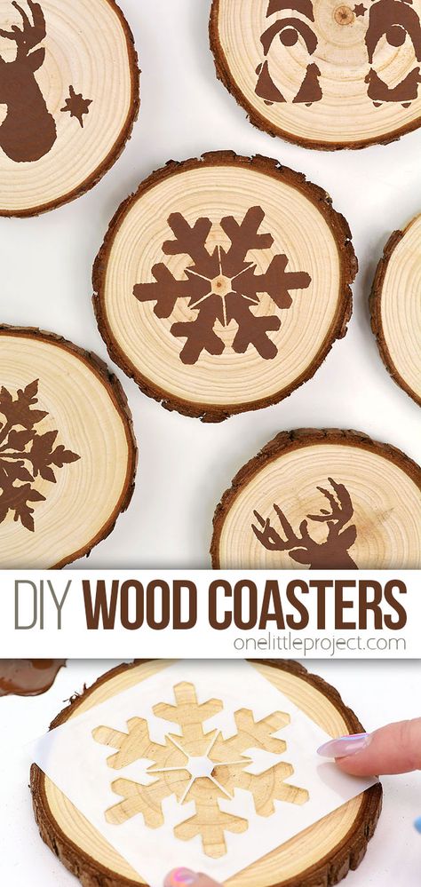 Wooden Coaster Ideas Diy Projects, Craft Class Ideas For Adults, Christmas Wooden Coasters, Wood Slice Coasters Diy, Christmas Coasters Wood, Home Made Crafts To Sell, Wooden Coasters Diy Ideas, Wooden Coaster Design Ideas, Costers Diy Wooden