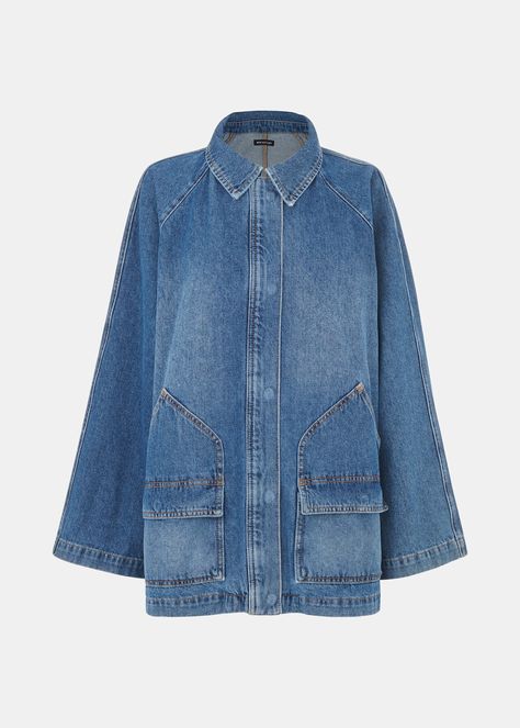 Denim Flare Sleeve Denim Jacket | WHISTLES | Whistles US | Denim Skirt Trend, Shearling Vest, Joggers Track Pants, Skirt Trends, Bra Dress, Short Denim Skirt, Casual Dress Shoes, Activewear Sets, Spring Jackets