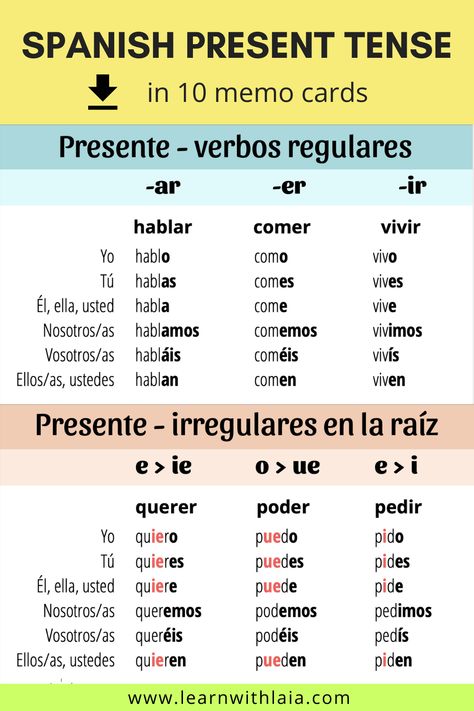 How to conjugate the Spanish present tense step by step, including regular verbs -AR, -ER, -IR, reflexive verbs, irregular verbs, verb gustar, all verb endings. Download the 10 cards to review from the website. Ar Spanish Verbs, Ar Er Ir Verbs Spanish Activities, Spanish Irregular Verbs Present Tense, Spanish Past Tense Conjugation, Ar Verbs In Spanish, Spanish Verbs Conjugation Chart, Ir Verbs Spanish, Spanish Revision, Spanish Regular Verbs