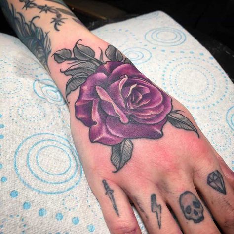 Rose Traditional Tattoo, Purple Flower Tattoo, Rose Tattoo On Hand, Purple Rose Tattoo, Purple Flower Tattoos, Purple Rose Tattoos, Rose Tattoo Meaning, Purple Tattoos, Bolt Tattoo