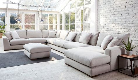 The Kingston range is a soft, deep and attractive sofa that can be customised to fit your desired space. Sink into the luxurious feather filled back cushions and put your feet up on the extra wide chaise unit for the kind of relaxation you can only dream of. Choose from one of our family friendly cotton linens or stain resistant velvet's in an array of colours to suit your style and home. Don't want feathers? Opt for fibre filled cushions at no extra cost. U Shape Sofa Uk, Extra Large Corner Sofa, U Shaped Couches Living Room, Extra Large Sofa, U Shaped Sofa Uk, U Shape Living Room, Large L Shaped Sofa, C Shape Sofa, U Shape Couch