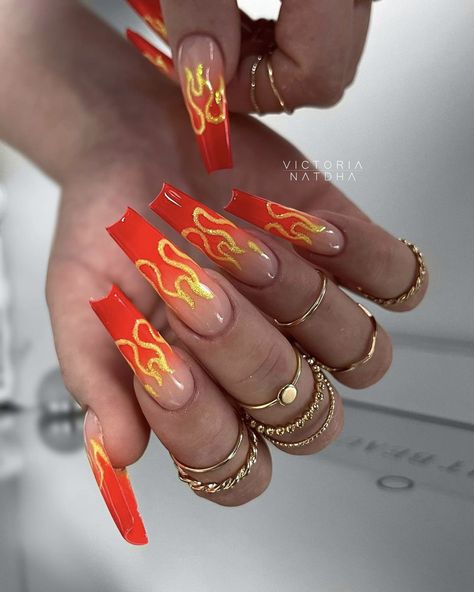 Red Flames Nails, Fire Themed Nails, Red Nails Flame Design, Gold Flames Nails, Fire Flame Nails, Orange Flame Nails, Flame Nails Orange, Nail Art Fire Flames, Flaming Hot Cheetos Nails