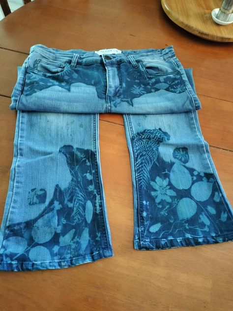 Cyanotype - printed on cotton denim jeans - foliage Cyanotype Pants, Cyanotype On Denim, Cyanotype Jeans, Cyanotype Denim, Denim Bleach Art, Cyanotype Clothing, Olive Branch Tattoo, Dye Jeans, Branch Tattoo