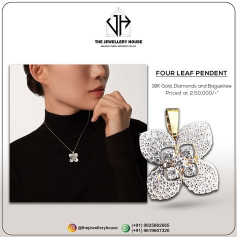 Elevate your look with our exquisite Four Leaf pendant, adorned with brilliant Diamonds and Baguettes in luxurious 18k Gold 💫 #thejewelleryhouse #diamondpendant #goldpendent #floraljewellery #jewelry Gold Pendent, March 5, Four Leaves, Floral Jewellery, Four Leaf, Elevate Your Look, Leaf Pendant, Brilliant Diamond, Diamond Pendant