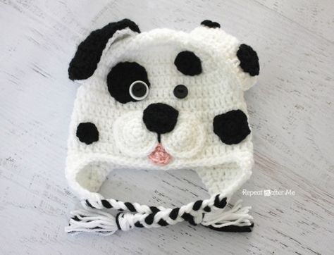 Crochet Dalmatian Dog Pattern - Repeat Crafter Me Crochet Dalmation, Toddler Dog Costume, Crochet Dalmatian, Puppy Hat Crochet, Crochet Dog Hat, Crochet Owl Hat, Crochet Animal Hats, Puppy Hats, Repeat Crafter Me