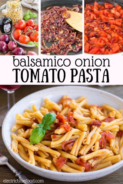 A delicious pasta sauce made with fresh tomatoes and balsamico onions. Red onions are flavoured with balsamic vinegar before adding fresh tomatoes for a fantastic summer pasta sauce. Red Onion Pasta, Balsamic Pasta Sauce, Pasta With Onions, Pasta Sauce With Fresh Tomatoes, Healthy Risotto, Balsamic Pasta, Onion Pasta, Fresh Tomato Pasta, Vegetarian Pasta Dishes