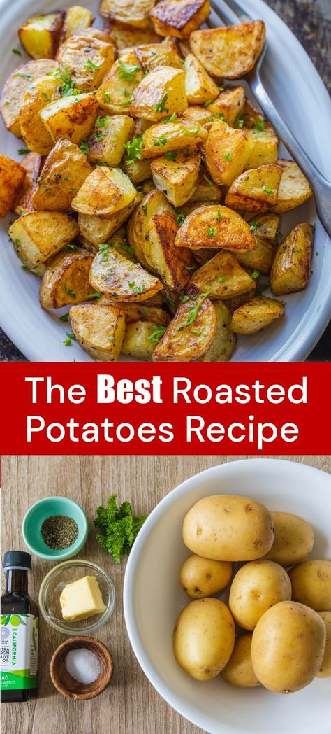 Perfect roasted potatoes are melting and buttery in the middle and irresistibly crisp on the outside. This easy recipe for oven-roasted potatoes never fails to wow at dinnertime, or at the holiday table! It's a simple and flavorful side dish that the whole family loves. Roasted Potatoes In Oven Easy, Roasted White Potatoes, Roasted White Potatoes In Oven, Roasted Yukon Potatoes In Oven, Homemade Baked Potatoes, Best Roasted Red Potatoes Oven, Roasted Gold Potatoes In Oven, Baked White Potatoes In The Oven, Yukon Baked Potatoes In The Oven