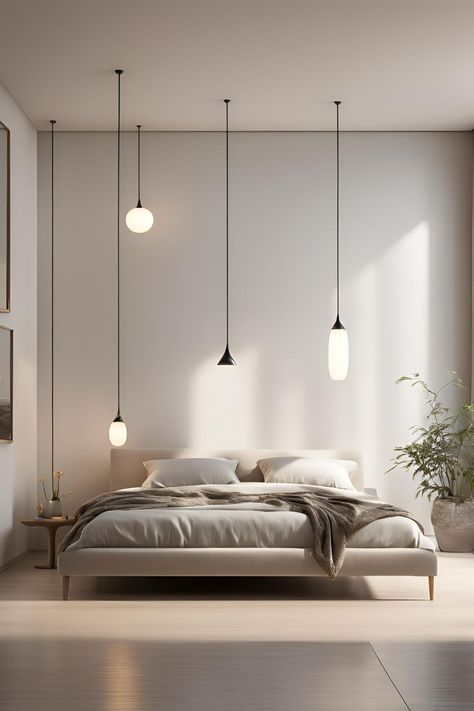 Sleek modern minimalist hanging lights ideas for stylish bedroom decor, featuring pendant and accent lighting. Bedroom Pendant Light Over Bed, Lights In Bedroom Ideas, Hanging Lights Ideas, Hanging Lights In Bedroom, Hanging Bedside Lamps, Lights In Bedroom, Bedroom Hanging Lights, Pendant Light Bedroom, Hanging Bedroom Lights