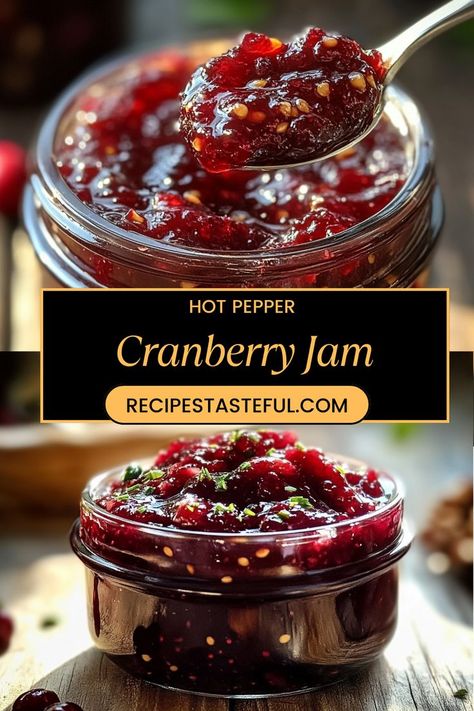 This Hot Pepper Cranberry Jam is a tantalizing blend of tart, fresh cranberries and a spicy kick from jalapeños or serrano peppers. Ideal for holiday gifting or as a zesty addition to cheese boards and roasted meats, this jam delivers a delightful balance of sweet and spicy flavors that will elevate any dish. It’s a unique condiment that’s sure to impress your guests! Pomegranate Pepper Jelly Recipe, Spicy Cherry Jam, Hot Pepper Cranberry Jelly, Hot Pepper Cranberry Jam, Cranberry Pepper Jelly Recipe Canning, Hot Pepper Peach Jam Recipe, Cranberry Jalapeno Jam Canning, Cranberry Jalapeño Jelly, Cranberry Habanero Jam