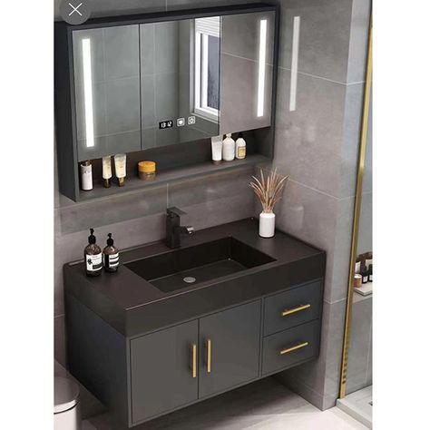 gray bathroom vanity set with black basin and mirror cabinet 9075-80 Glass Vanity Bathroom, Modern Bathroom Basin Design, Bathroom Washbasin Cabinet Modern, Wash Basin Cabinet With Mirror, Bathroom Cabinets Designs Modern, Cabinet Basin Design, Washroom Sink Cabinets, Vanity Furniture Bathroom, Black Bathroom Sink Cabinet