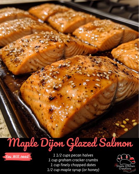 Indulge in the perfect balance of sweet and savory with this Maple Dijon Glazed Salmon recipe. The combination of maple syrup and Dijon mustard creates a delicious glaze for tender and flaky salmon. Serve this dish with your favorite side dishes for a meal that is both elegant and easy to make. Find the full recipe on our Pinterest board! #salmonrecipes #mapledijon #seafoodlover #easydinnerideas Salmon Recipes Baked Mustard, Mustard Maple Salmon, Salmon Dijon Mustard Recipes, Mustard Salmon Recipes, Glazed Salmon Recipes, Glaze For Salmon, Maple Dijon Salmon, Maple Salmon Recipes, Best Salmon Recipes