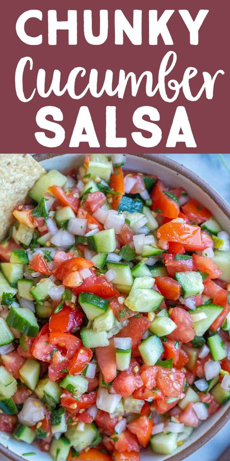 This Chunky Cucumber Salsa is super healthy and refreshing! It's made with all fresh ingredients and is perfect for dipping chips in on a hot day! I also like to use it on burritos, tacos and even burrito bowls! #cucumbersalsa #salsarecipe #freshsalsa #picodegallo #wholefoodsplantbased #vegan Fresh Salsa Recipe Homemade, Cucumber Salsa Recipe, Fresh Salsa Recipe, Cucumber Salsa, Salsa Guacamole, Burrito Bowls, Cucumber Recipes Salad, Cucumber Recipes, Salsa Recipe