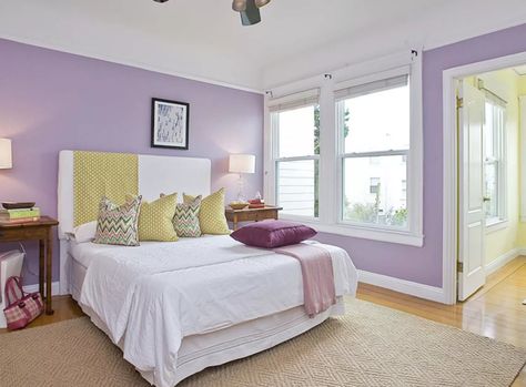 Tips and Photos for Decorating the Bedroom With Lavender Lavender Bedroom Walls, Girls Bedroom Lavender, Purple And Yellow Bedroom, Lavender Bedroom Decor, Yellow Girls Bedroom, Purple Bedroom Design, Lavender Bedroom, Lavender Room, Yellow Bedroom Decor