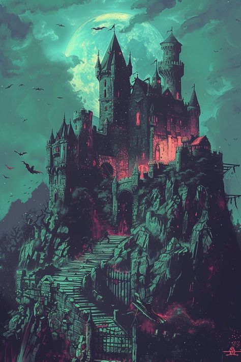 Castle Ravenloft Art, Dark Castle Drawing, Dracula’s Castle, Vampire Castle Art, Vampire Castle Aesthetic, Ravenloft Art, Gothic Castle Art, Spooky Castle Illustration, Castlevania Castle